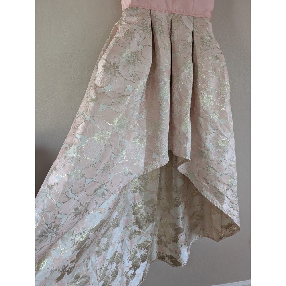 Blush Pink Gold Floral Jacquard High-Low Formal Gown Dress Womens M Wedding - Picture 3 of 16